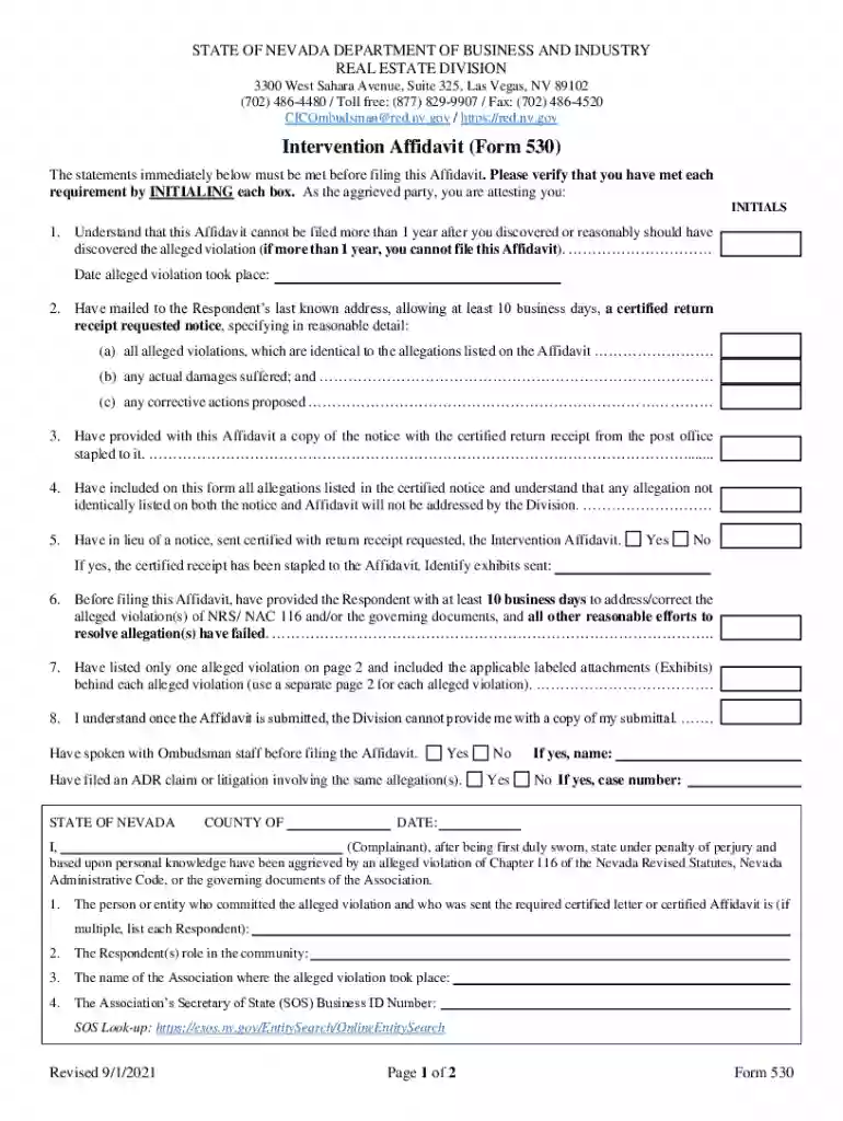 form 530 intervention affidavit Preview on Page 1