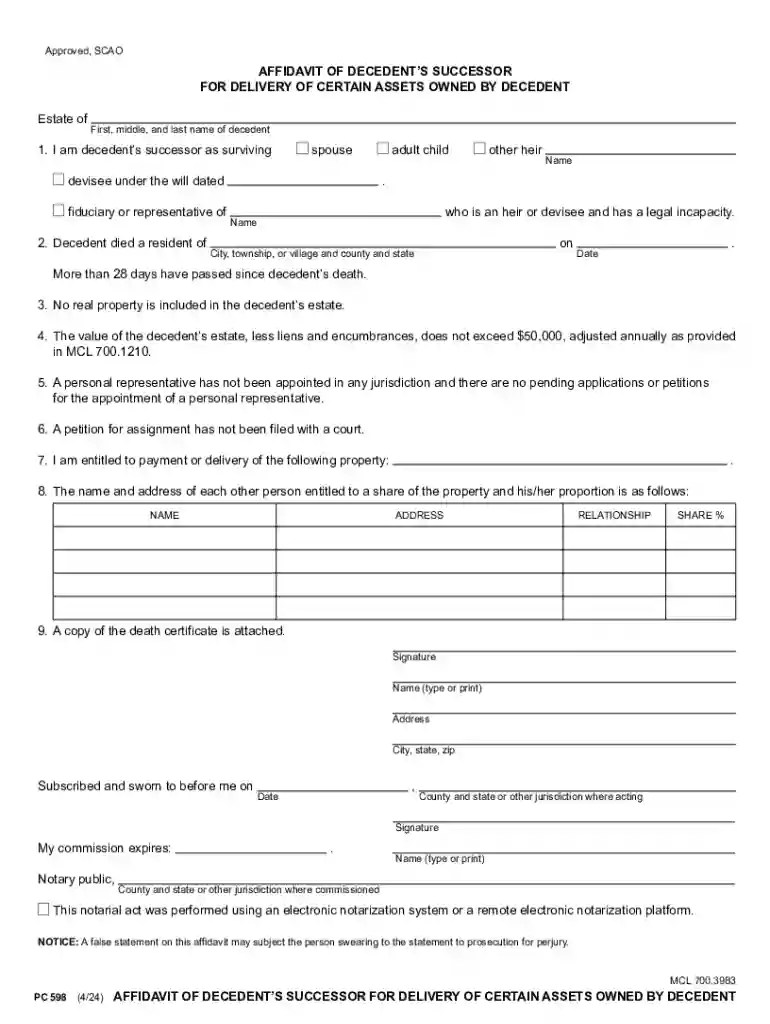 PC 598, Affidavit of Decedent's Successor for Delivery of Preview on Page 1