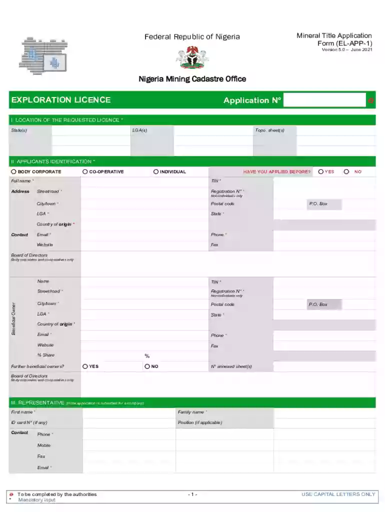 Mineral Title Application Form (EL-APP-1) Preview on Page 1