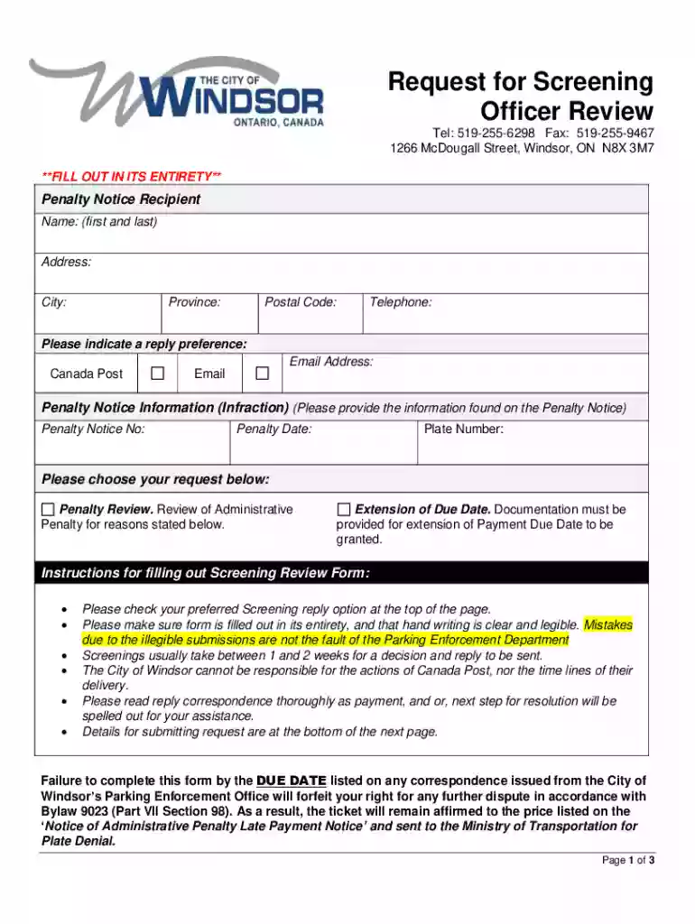 request for screening officer review windsor Preview on Page 1