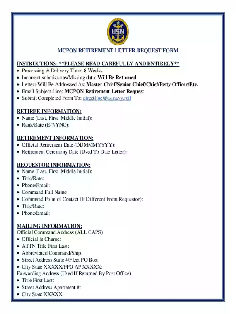 MCPON RETIREMENT LETTER REQUEST FORM INSTRUCTIONS Preview on Page 1