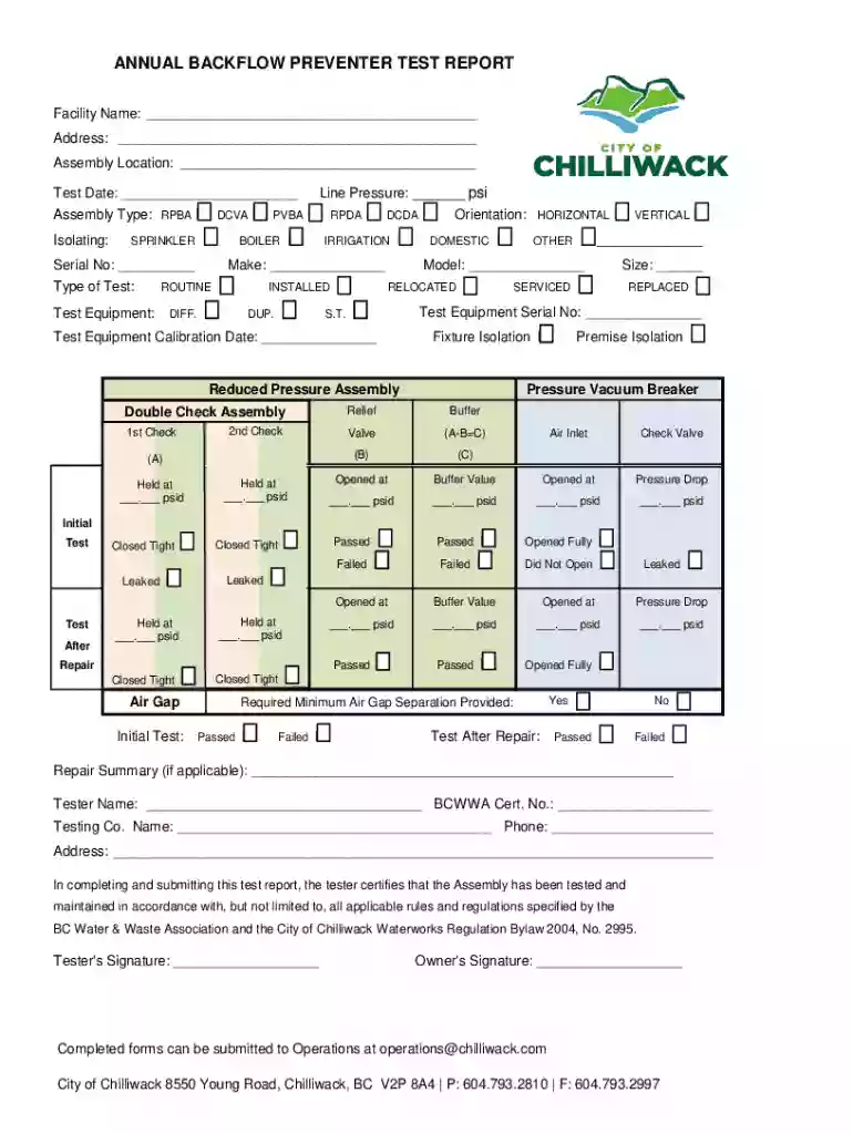 chilliwack backflow preventer test report Preview on Page 1