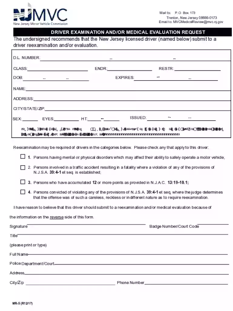 driver examination and or medical evaluation request - NJ Preview on Page 1