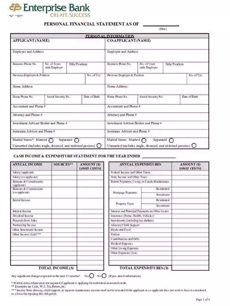 Personal Financial Statement Form Preview on Page 1