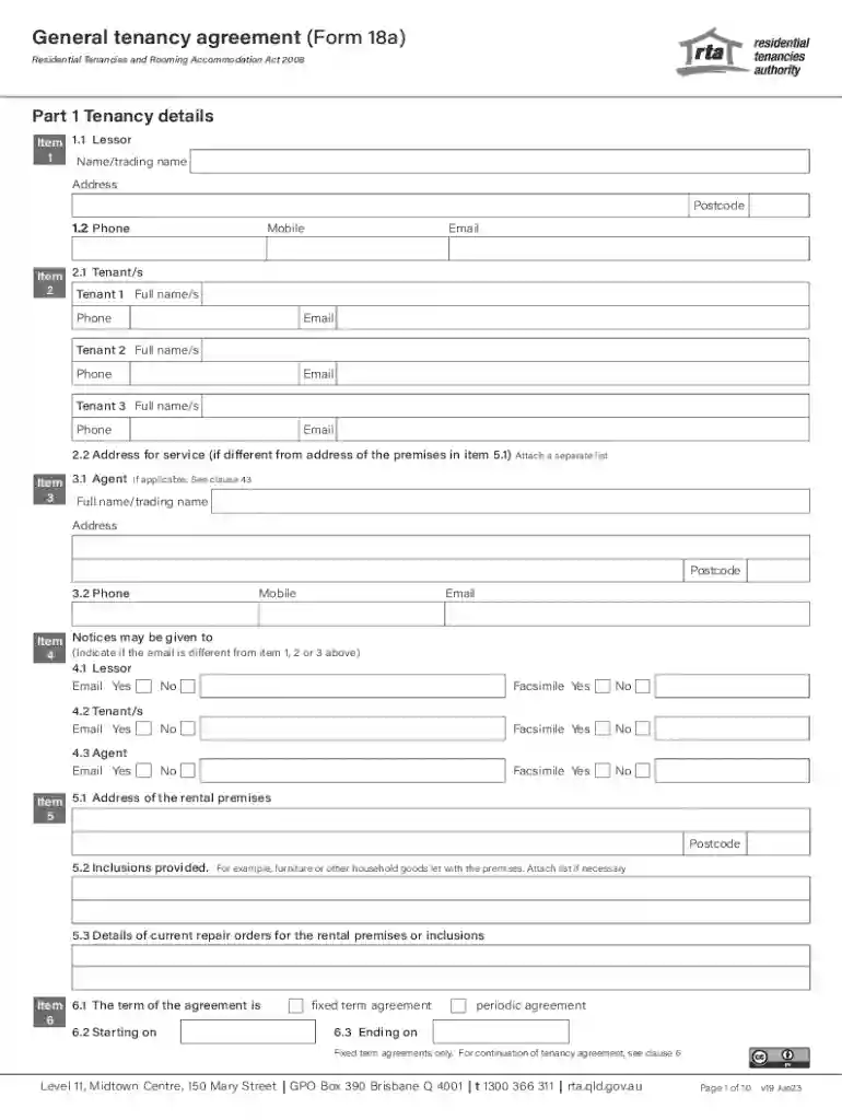 RTA general tenancy agreement form18a Preview on Page 1