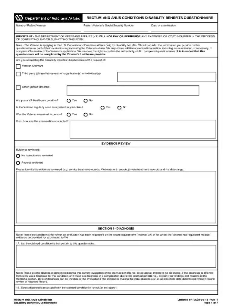 RECTUM AND ANUS CONDITIONS DISABILITY BENEFITS QUESTIONNAIRE Rectum and Anus Conditions Disability B Preview on Page 1