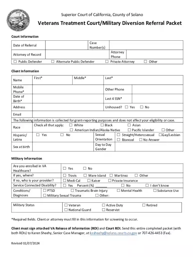 Veterans Treatment Court Military Diversion Referral Packet Preview on Page 1