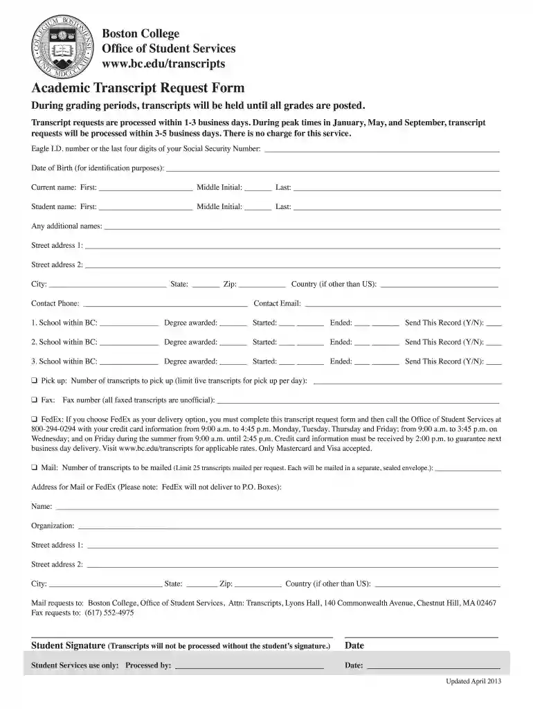 boston college transcript request Preview on Page 1