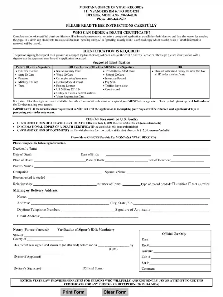 montana death certificate form Preview on Page 1
