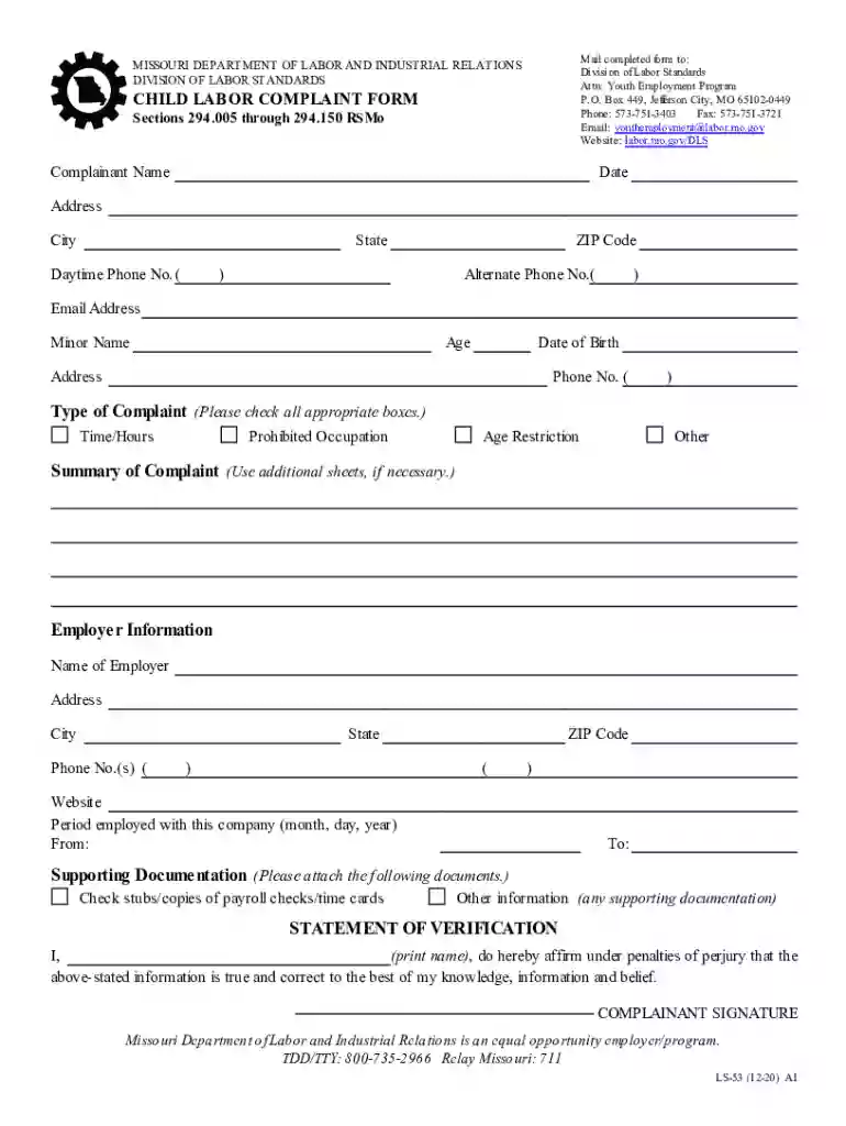 Child Labor Complaint Form Preview on Page 1