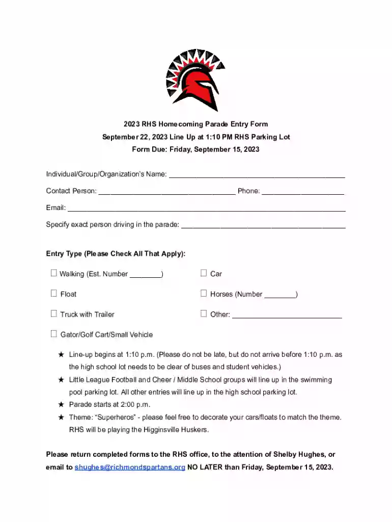 2023 RHS Homecoming Parade Entry Form Preview on Page 1