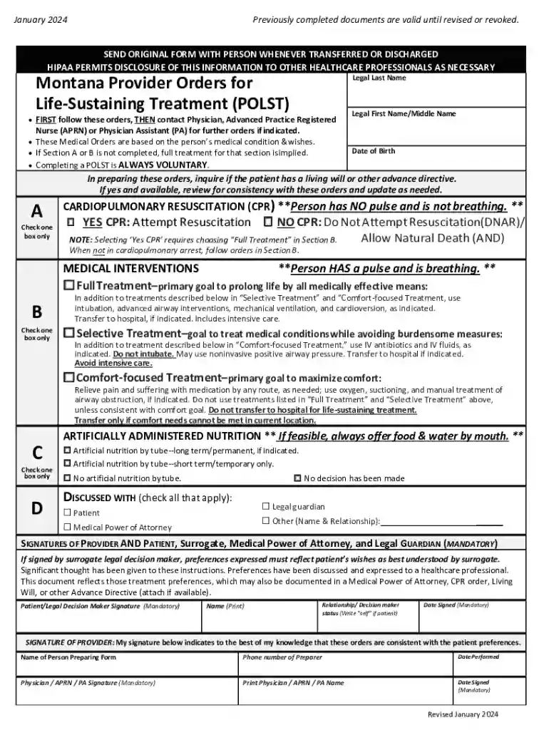 Montana Provider Orders for Life-Sustaining Treatment (POLST) Montana Provider Orders for Life-Susta Preview on Page 1