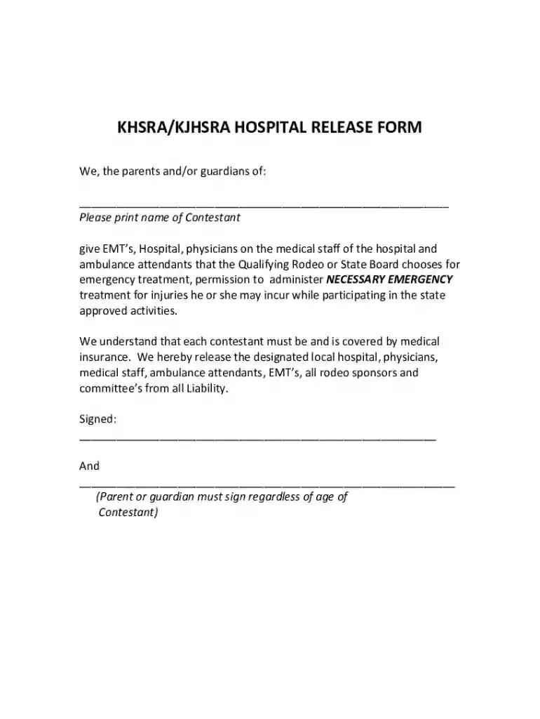 KHSRA KJHSRA HOSPITAL RELEASE FORM Preview on Page 1