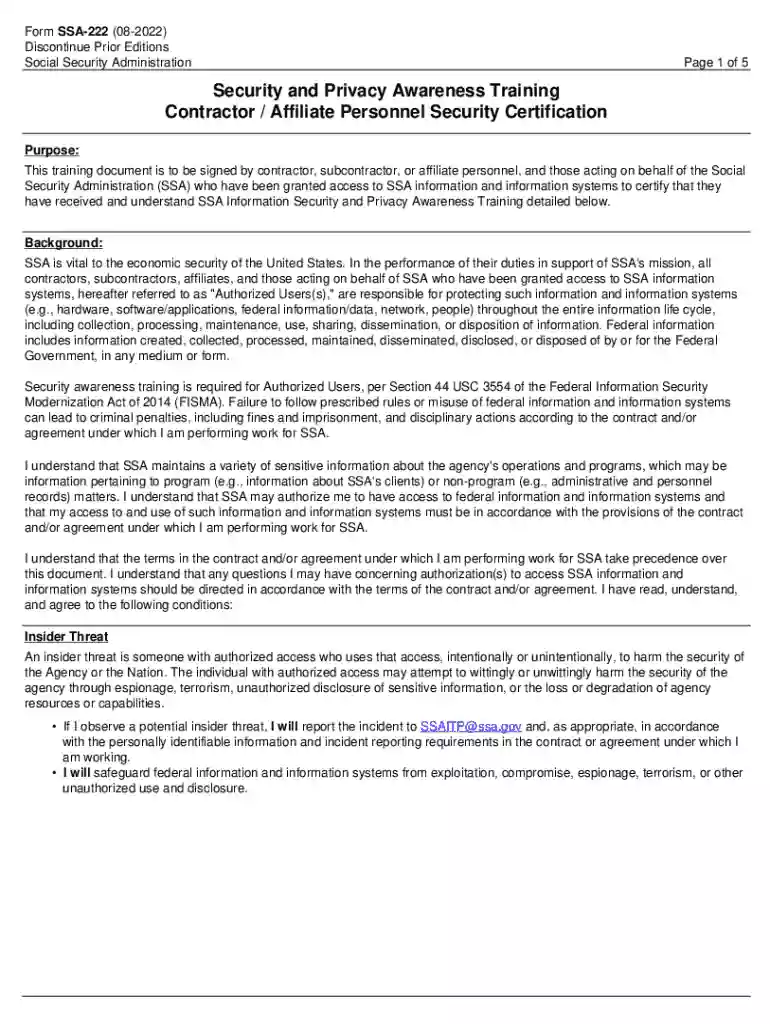 SSA-222-Security-Awareness-Form Preview on Page 1