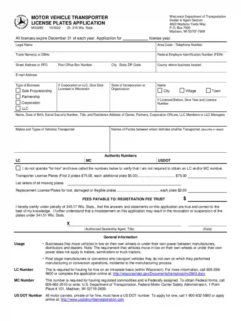 Motor Vehicle Transporter License Plates Application Preview on Page 1