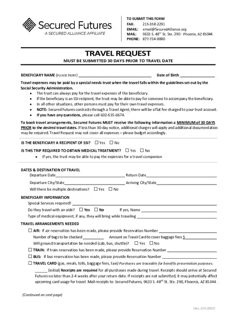 secured futures travel request Preview on Page 1