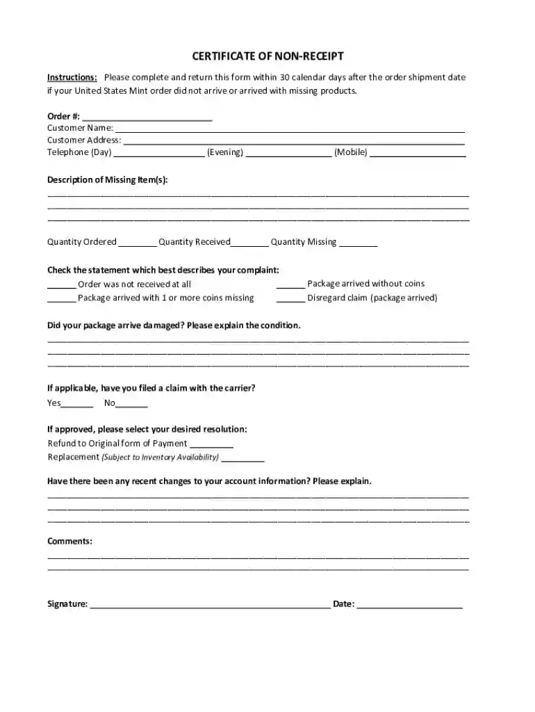 Non Receipt Certificate - Fill Online, Printable, Fillable, Blank Preview on Page 1