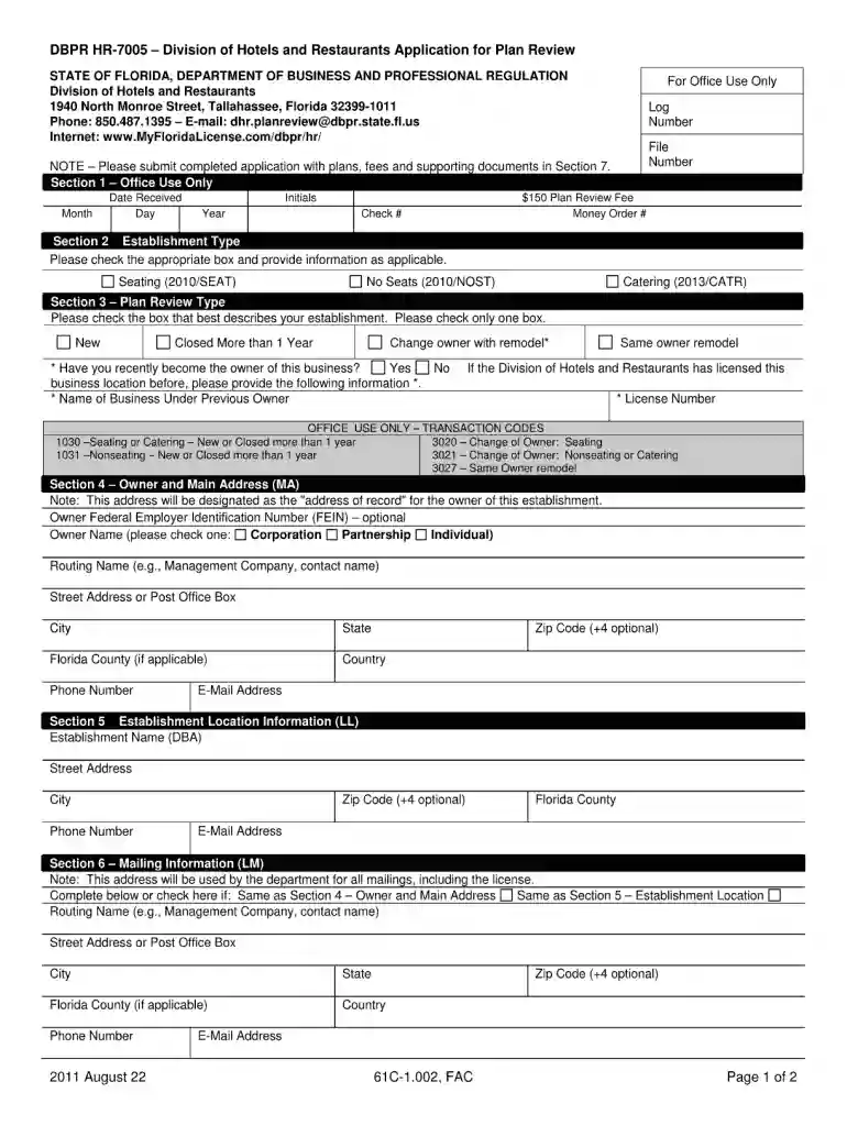 dbpr hr 7005 2011 form Preview on Page 1