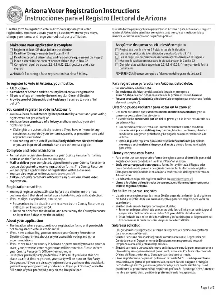 arizona voter registration form Preview on Page 1