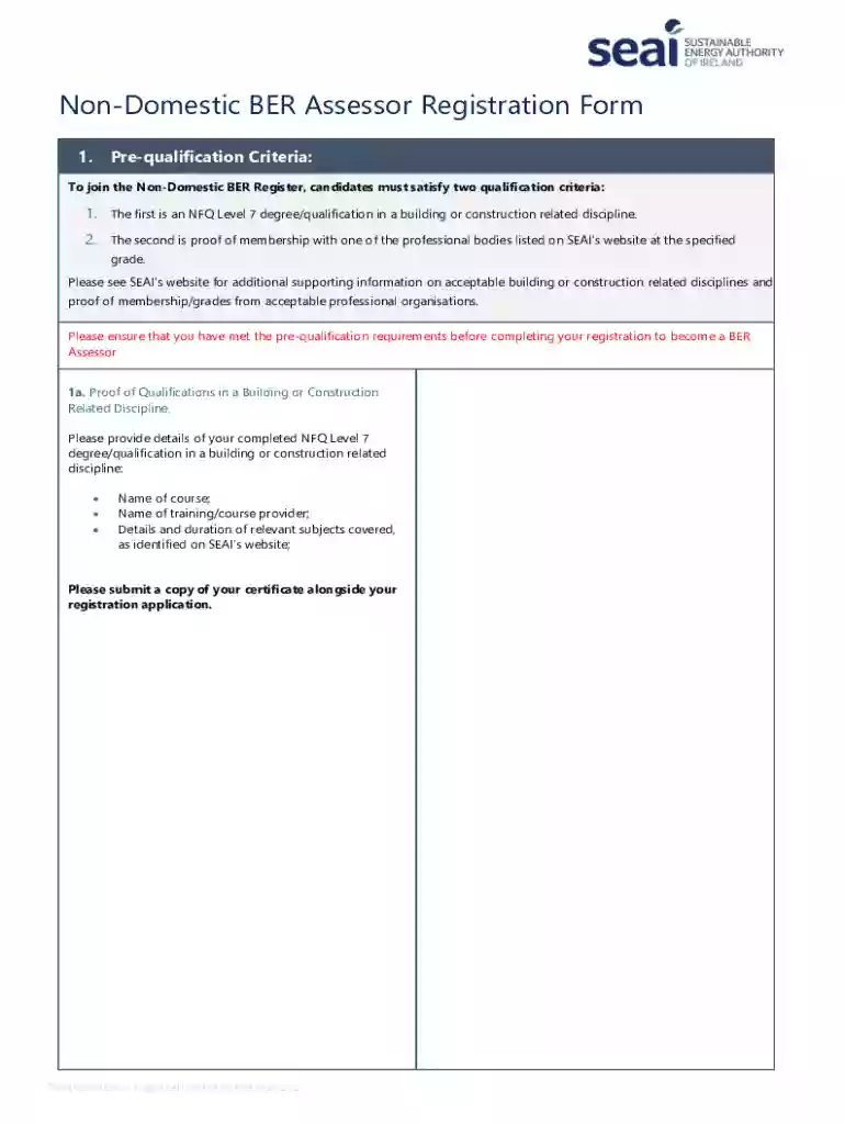 Non-Domestic BER Assessor Registration Form Preview on Page 1