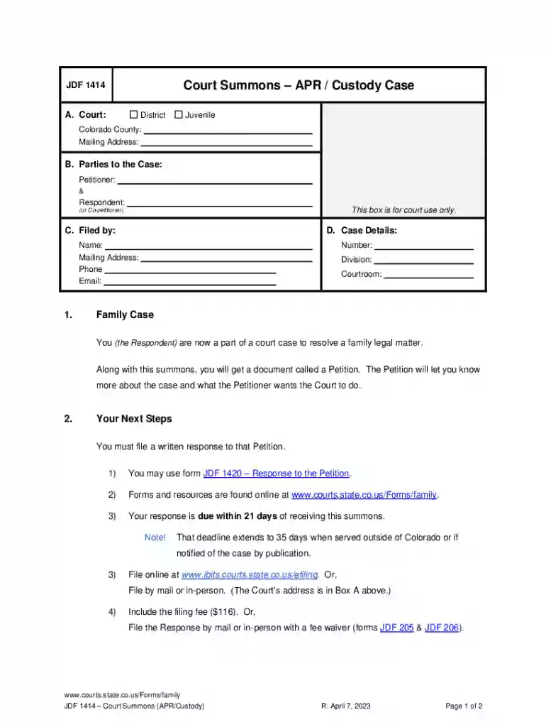 Colorado Court Summons for Custody Case Preview on Page 1