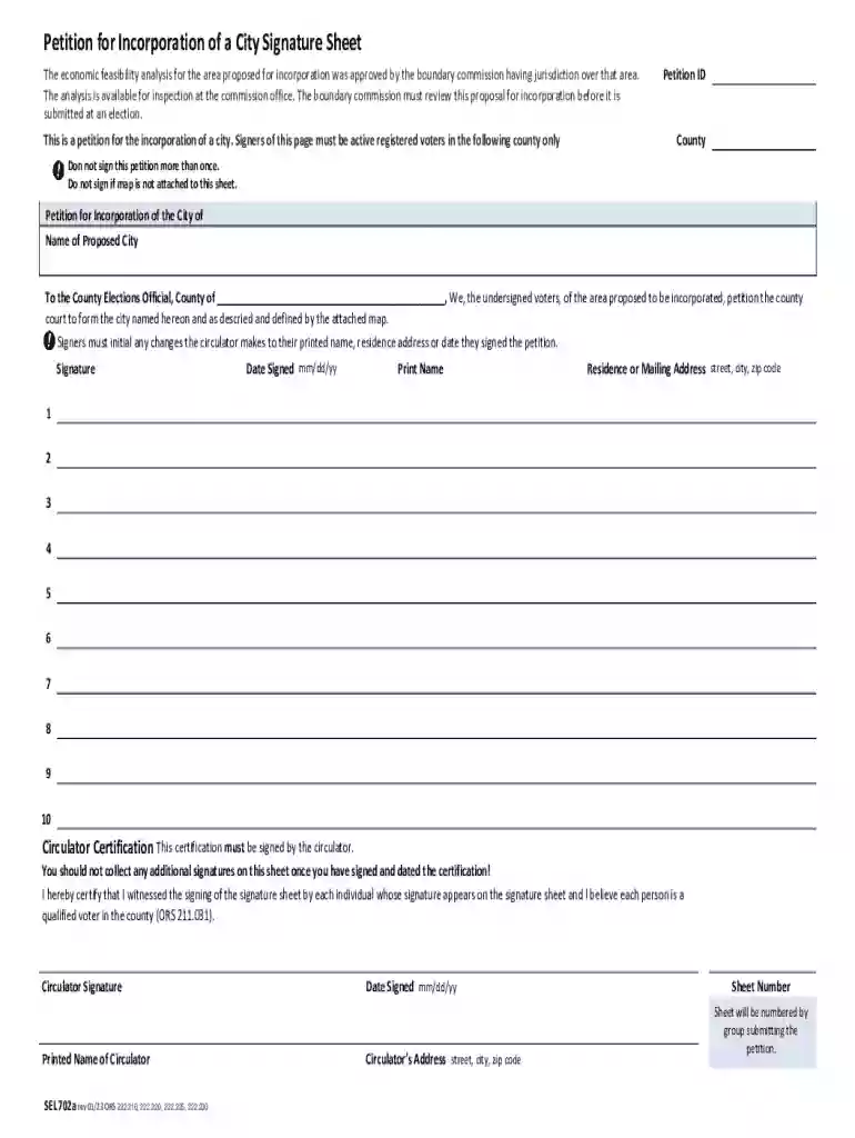 Petition for Incorporation of a City Signature Sheet Preview on Page 1