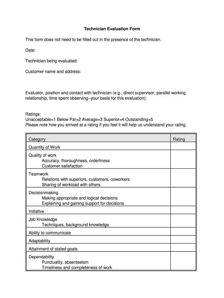 hvac employee evaluation form Preview on Page 1