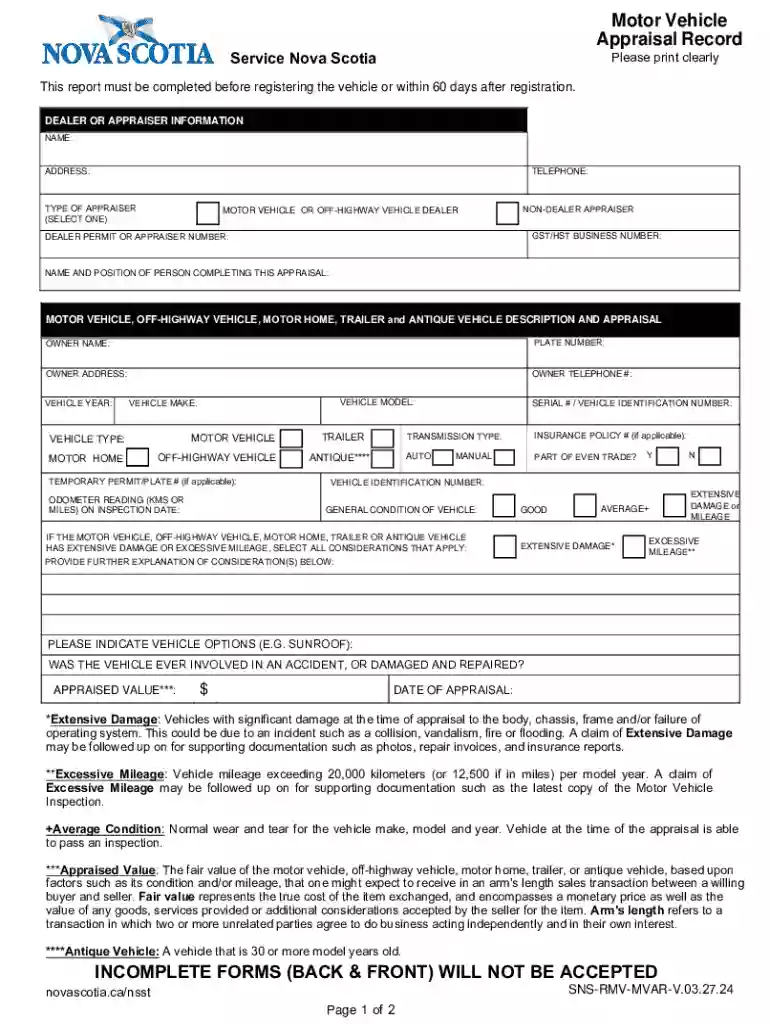 motor vehicle appraisal record form Preview on Page 1