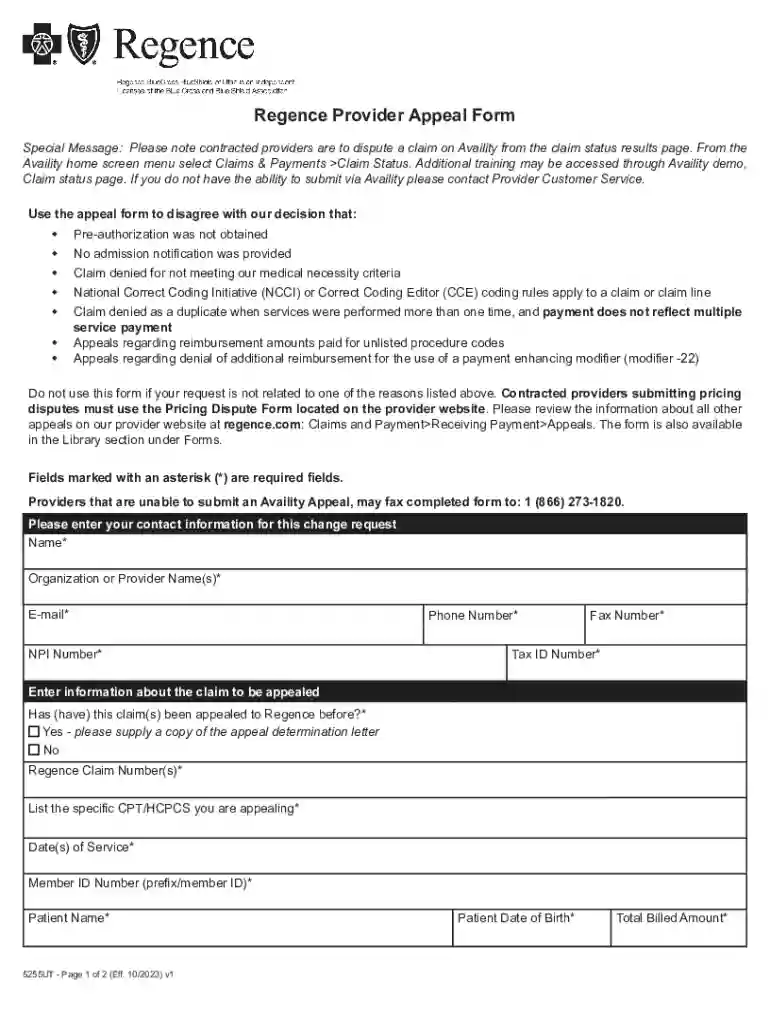 regence provider appeal form Preview on Page 1
