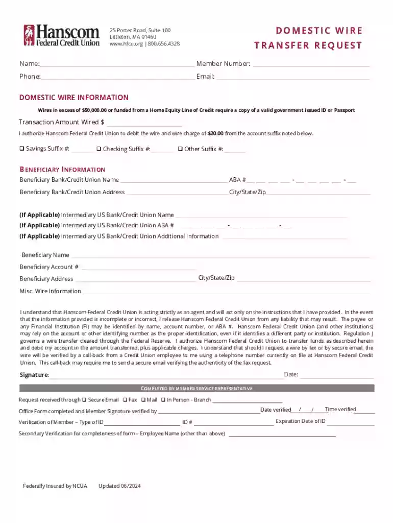 Hanscom Federal Credit Union Domestic Wire Transfer Form Preview on Page 1