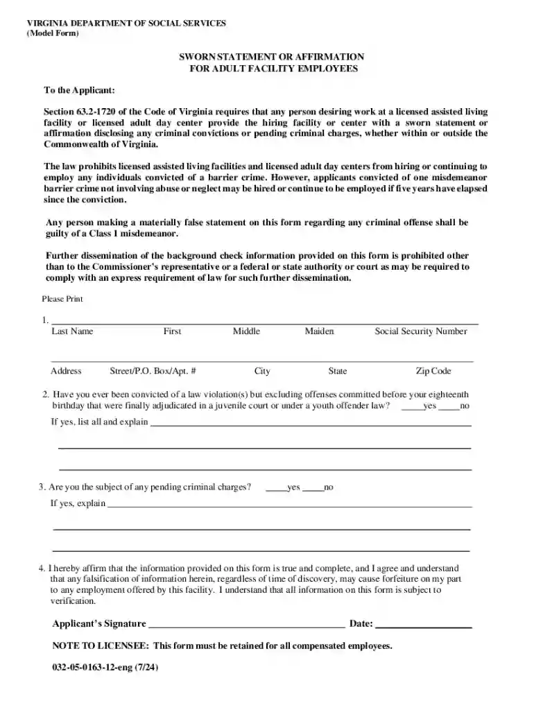 sworn statement or affirmation for foster and adoptive Preview on Page 1