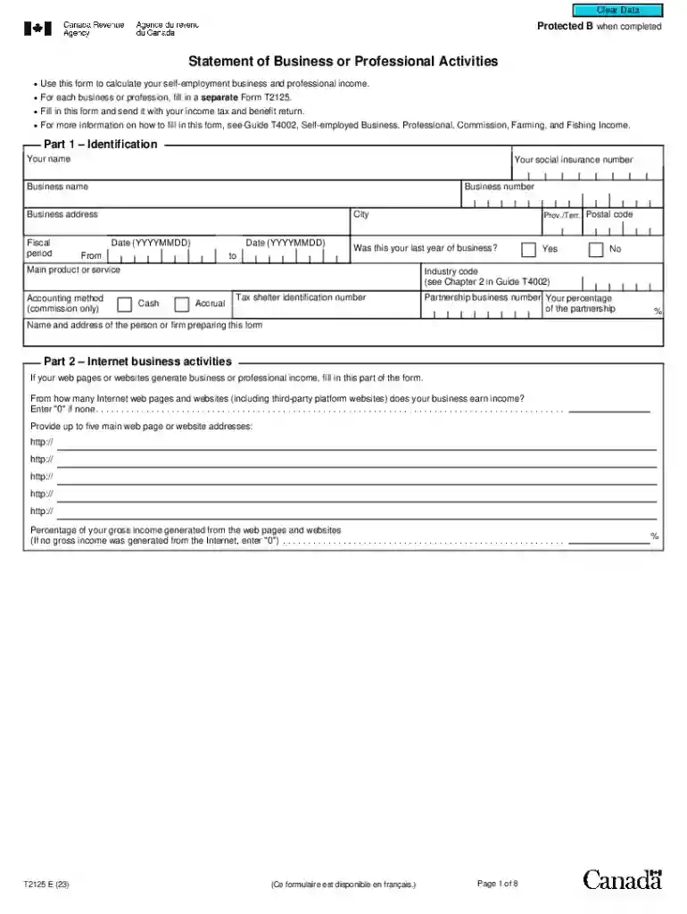 Statement of business or professional activities (T2125 and Preview on Page 1