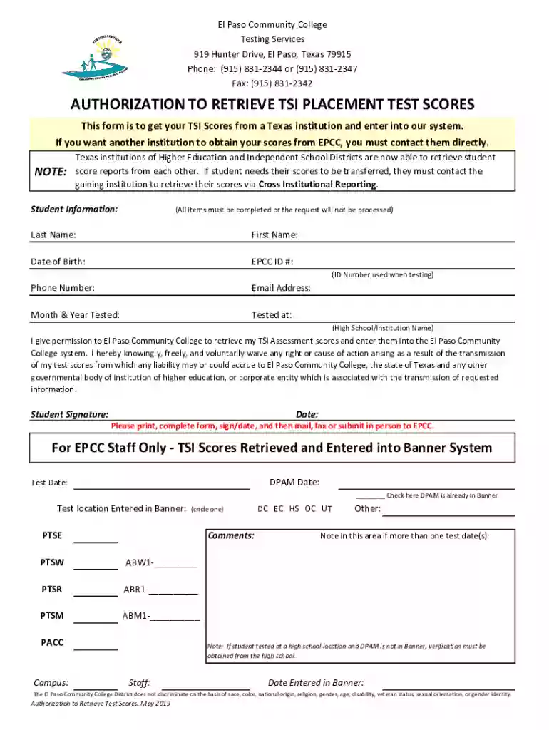 Fillable Online authorization to retrieve tsi placement test Preview on Page 1