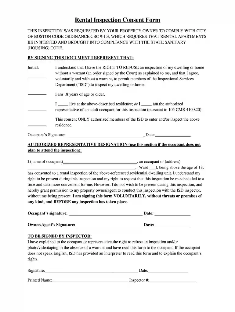 Rental Inspection Consent Form - cityofboston Preview on Page 1