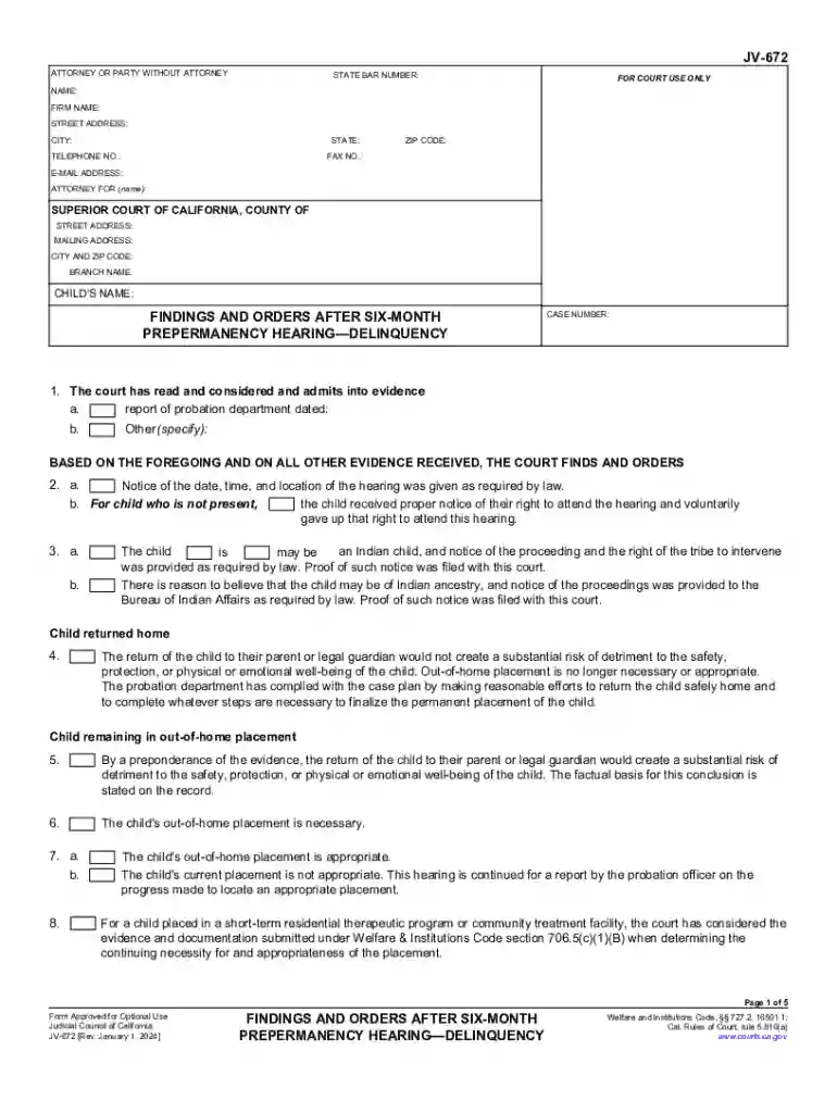 JV-672 Findings and Orders After Six-Month Prepermanency HearingDelinquency Preview on Page 1
