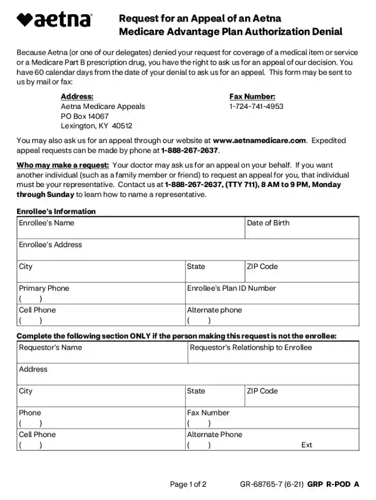 Request for an Appeal of an Aetna Medicare Advantage Preview on Page 1