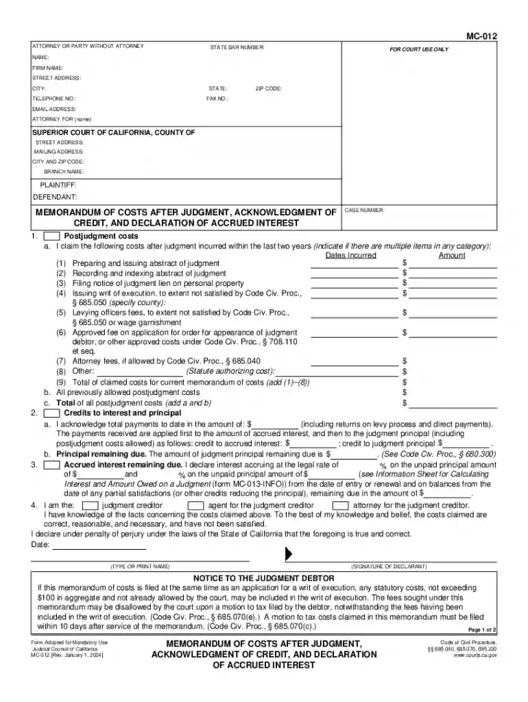 MC-012 Memorandum of Costs After Judgment, Acknowledgement of Credit, and Declaration of Accrued Int Preview on Page 1
