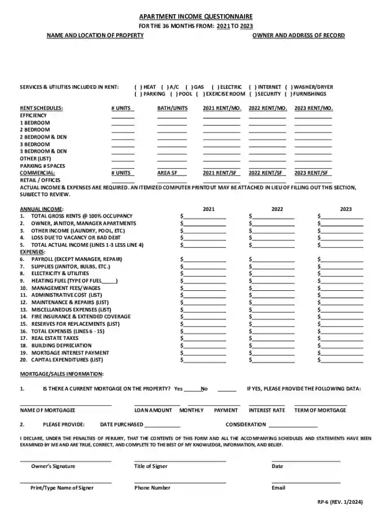 RP-6 Apartment Form 2024 APARTMENT INCOME QUESTIONNAIRE Preview on Page 1