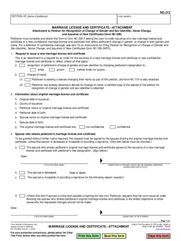 NC-312 Marriage License and CertificateAttachment Judicial Council forms Preview on Page 1