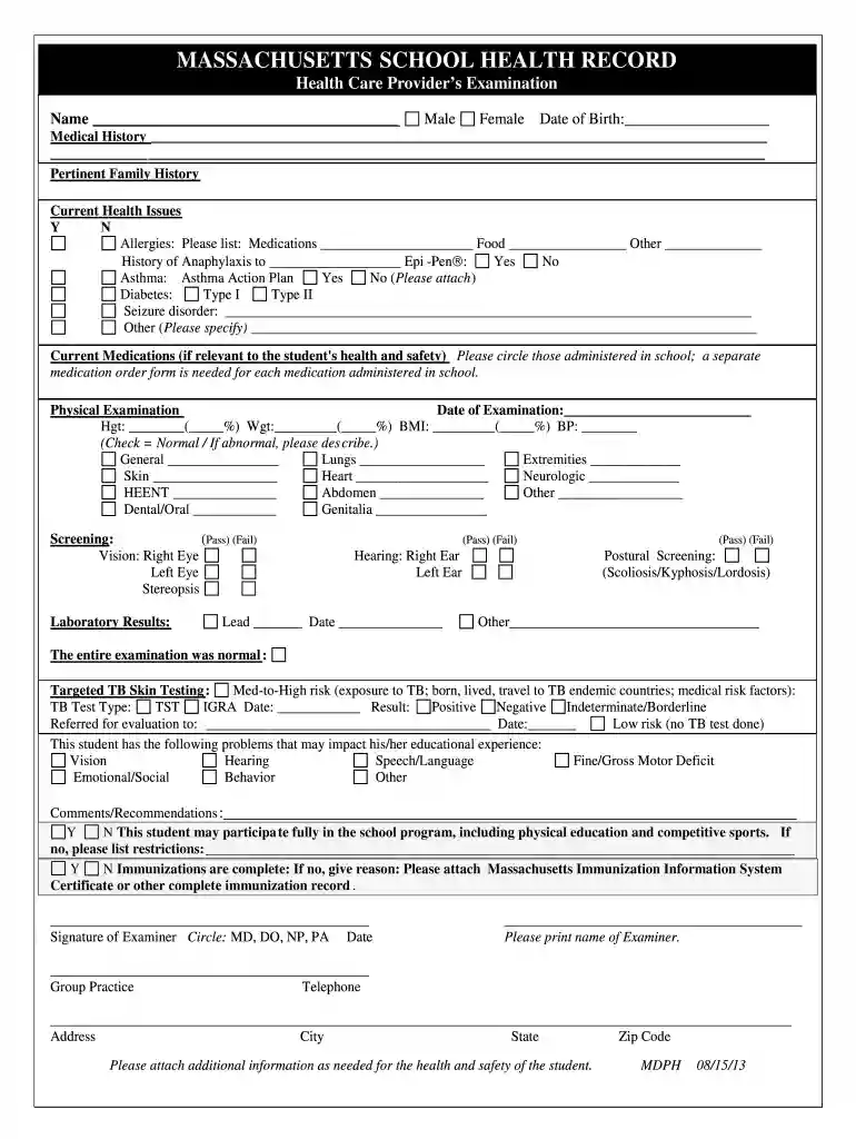 massachusetts school physical form Preview on Page 1