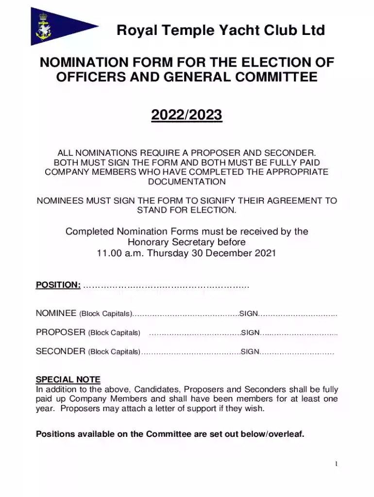 Nomination Form for the election of officers and general committee Preview on Page 1