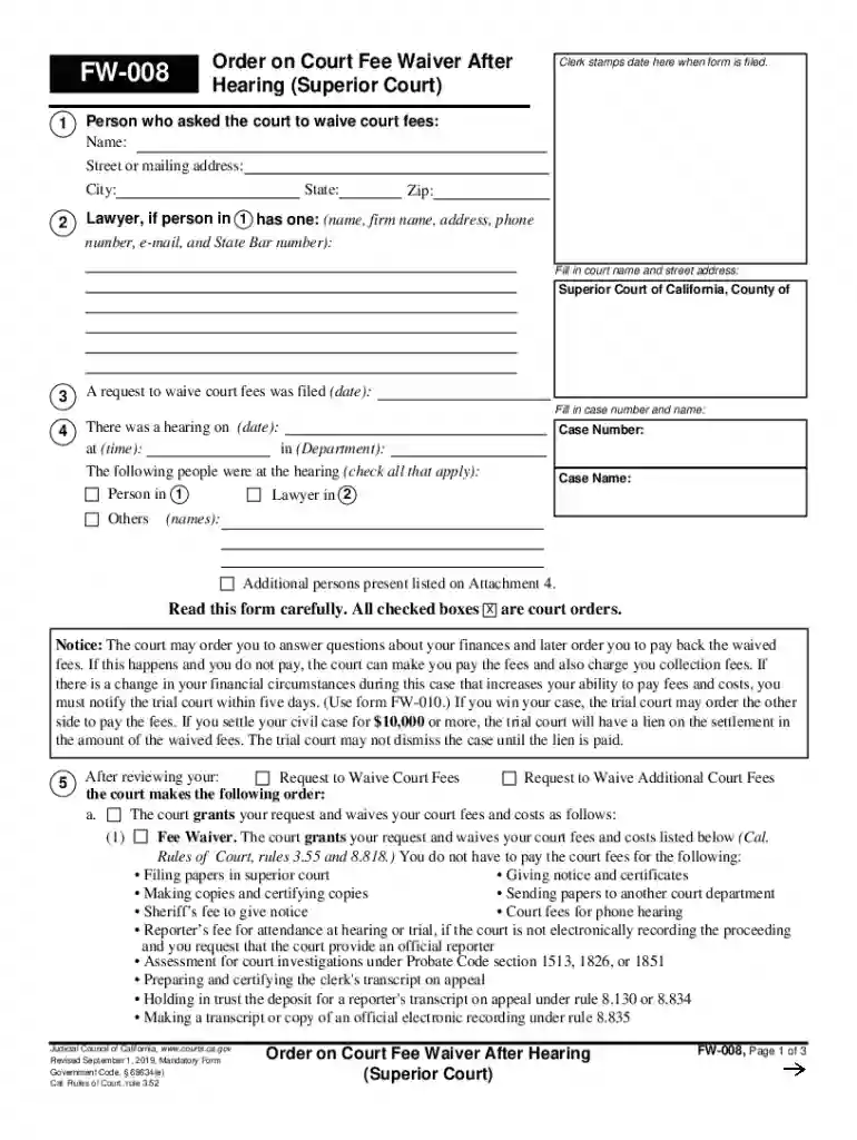 FW-008 Order on Court Fee Waiver After Hearing (Superior Preview on Page 1