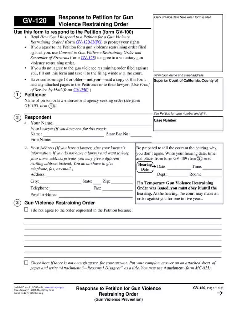 GV-120 Response to Petition for Gun Violence Restraining Order Preview on Page 1