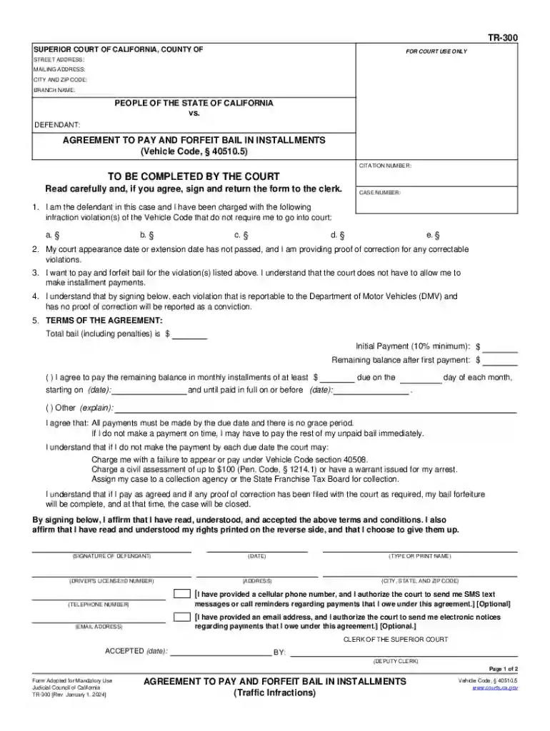 TR-300 AGREEMENT TO PAY AND FORFEIT BAIL IN INSTALLMENTS Preview on Page 1