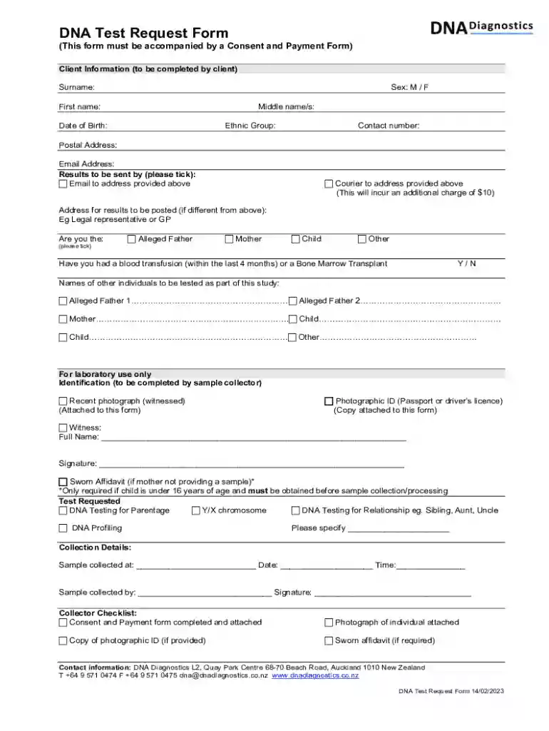 'Peace of Mind' DNA Test Request Form Preview on Page 1