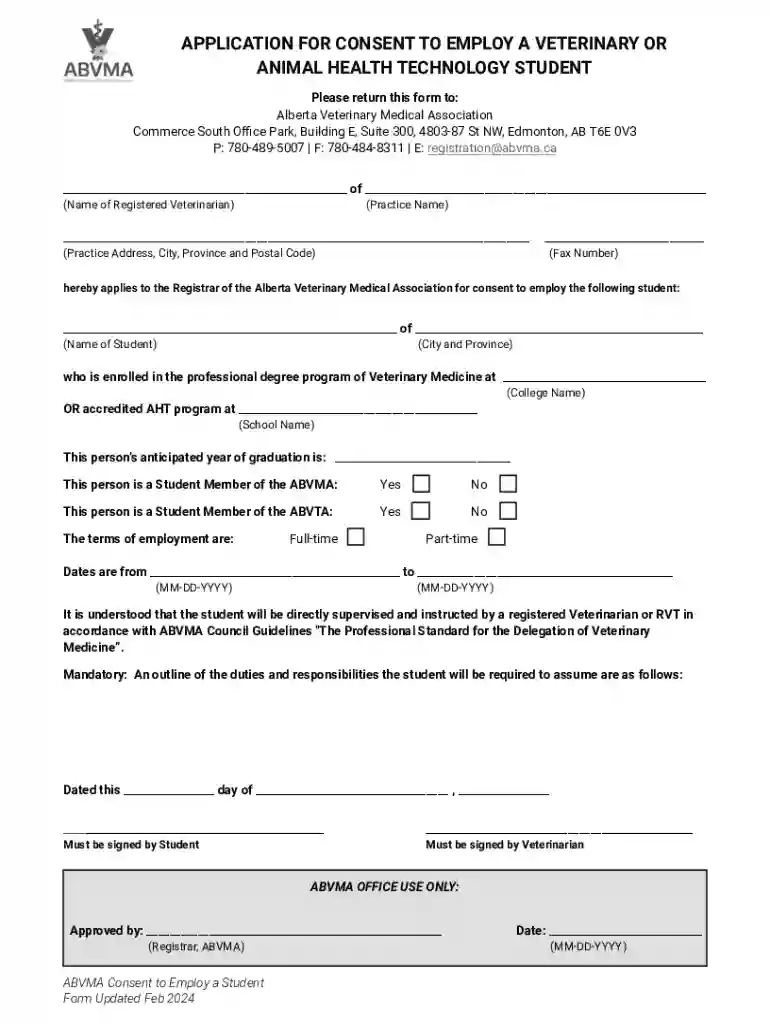 APPLICATION FOR CONSENT TO EMPLOY A VETERINARY Preview on Page 1