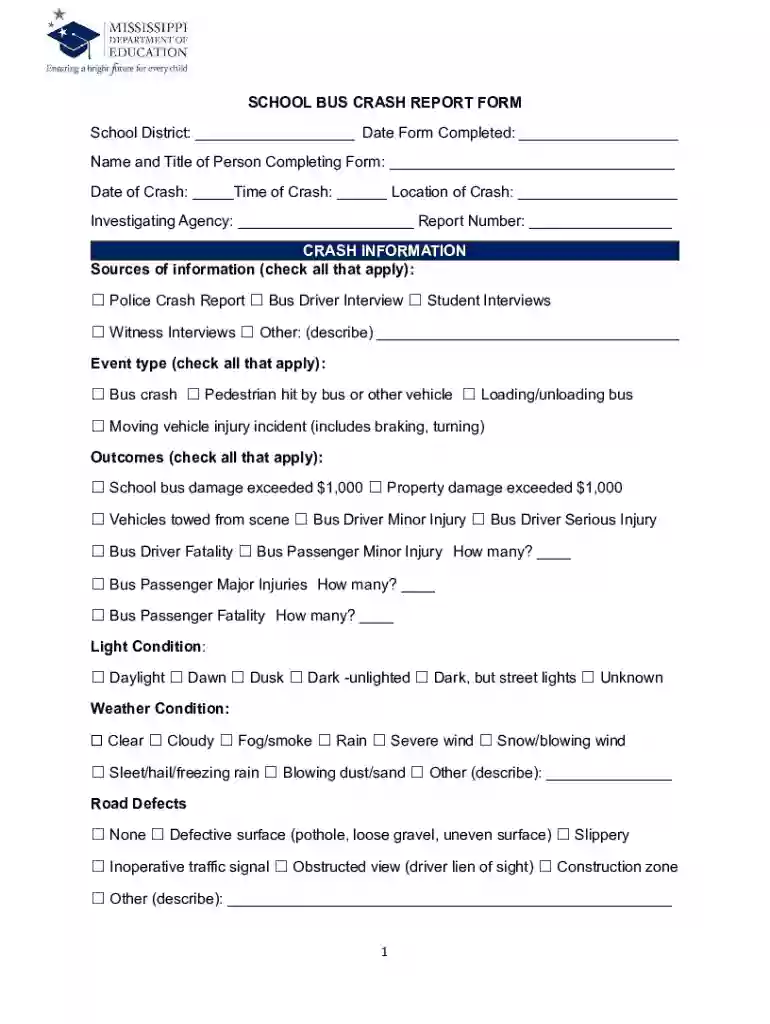 School Bus Crash Report Form Preview on Page 1