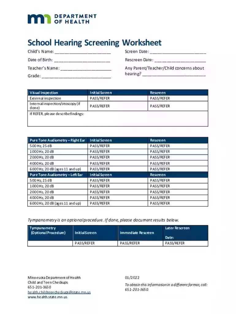 School Hearing Screening Worksheet Preview on Page 1