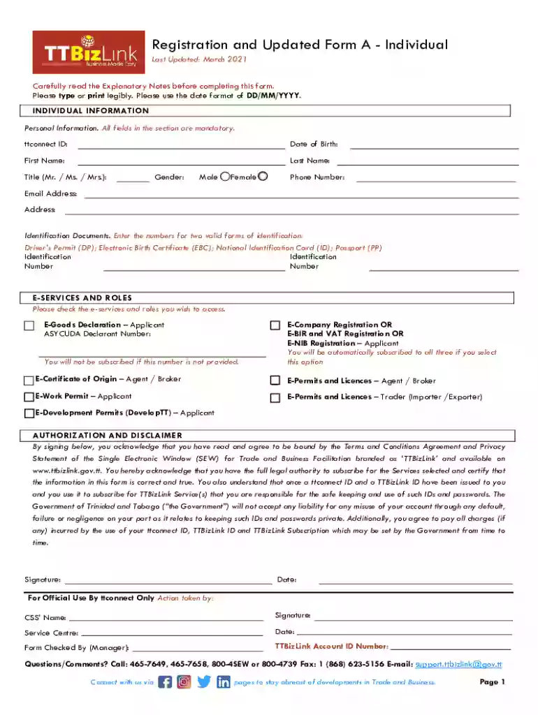 Registration and Updated Form A - Individual - TTBizlink tt Preview on Page 1