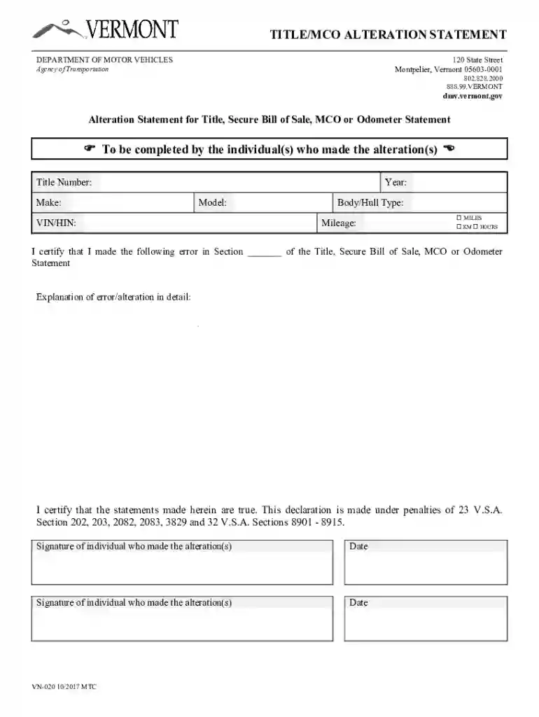 Alteration Statement - Title MCODepartment of Motor Vehicles Preview on Page 1
